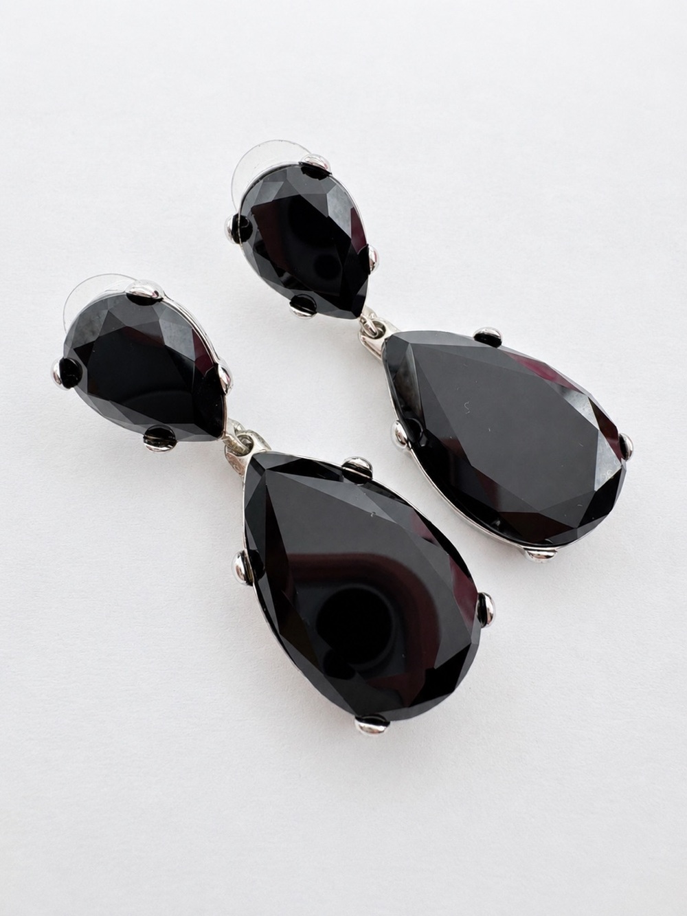 Kenneth Jay Lane Black Crystal Teardrop Earrings Silver Tone Signed Glam Gala